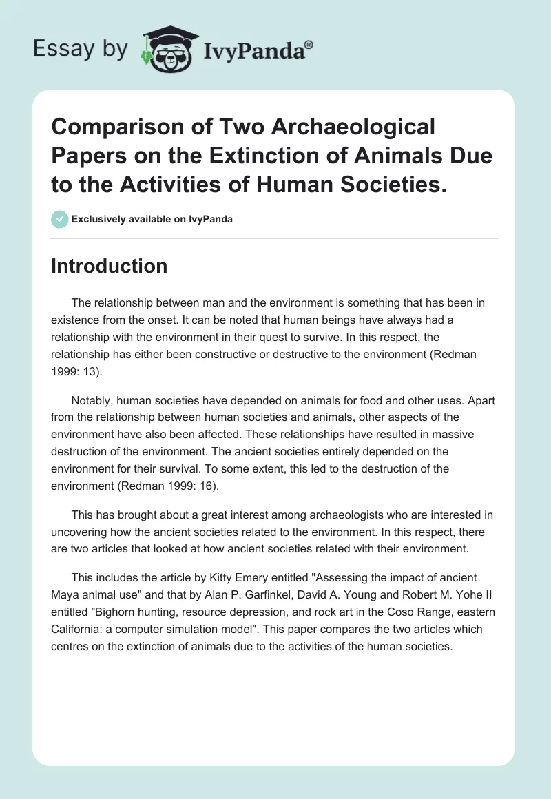 Comparison of Two Archaeological Papers on the Extinction of Animals Due to the Activities of Human Societies.. Page 1