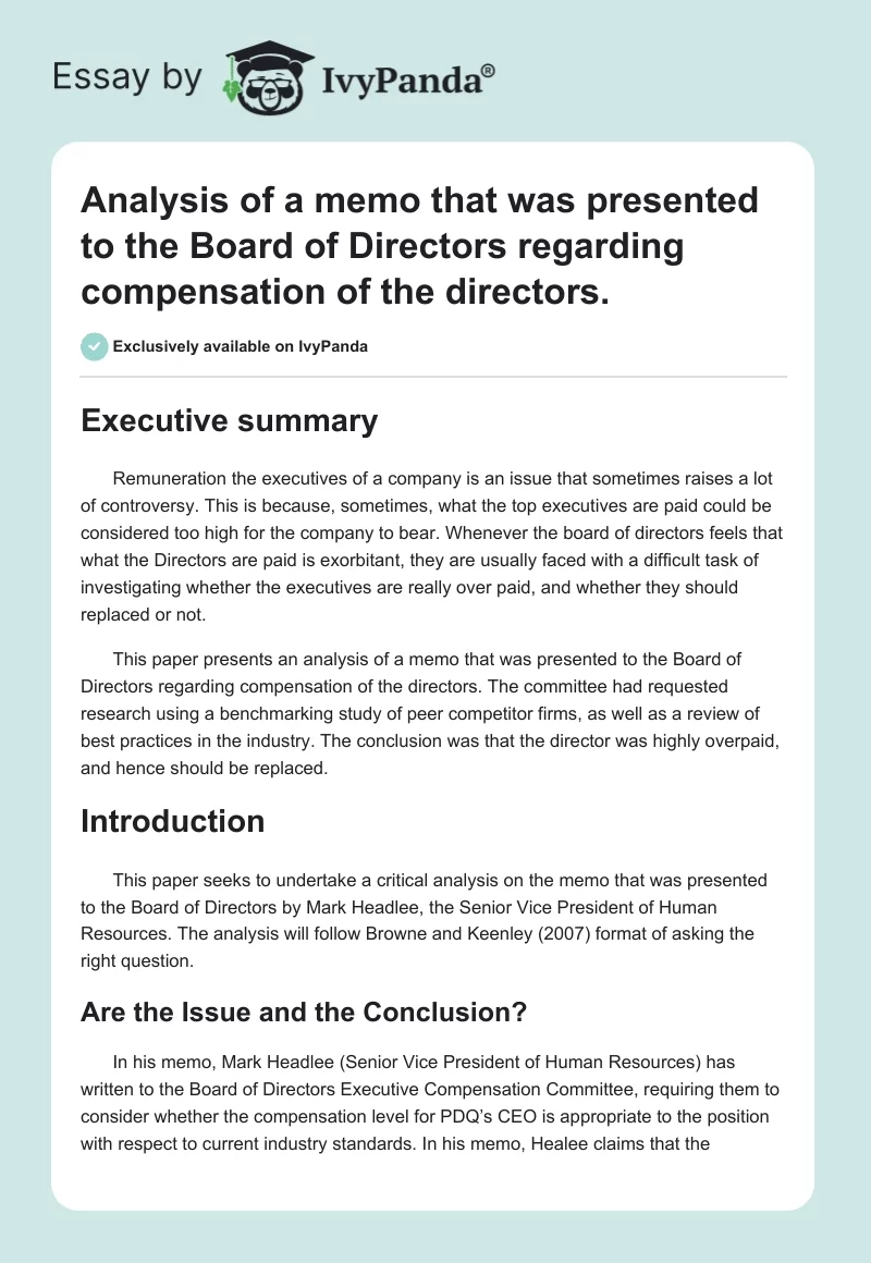 Analysis of a memo that was presented to the Board of Directors regarding compensation of the directors.. Page 1