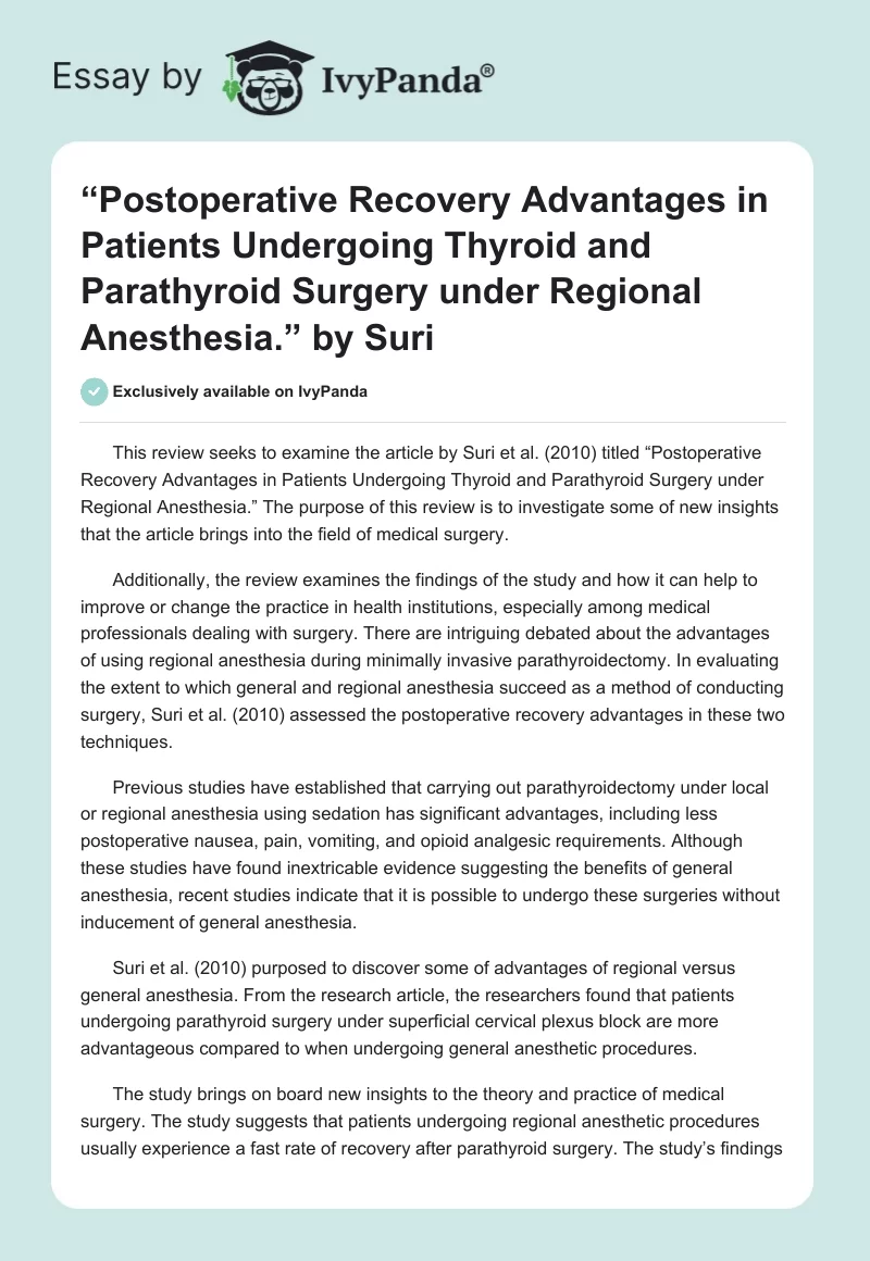 “Postoperative Recovery Advantages in Patients Undergoing Thyroid and Parathyroid Surgery Under Regional Anesthesia.” by Suri. Page 1