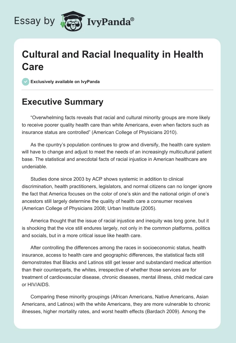 Cultural and Racial Inequality in Health Care. Page 1