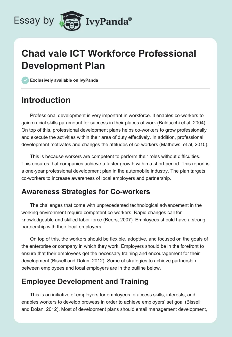 Chad vale ICT Workforce Professional Development Plan. Page 1