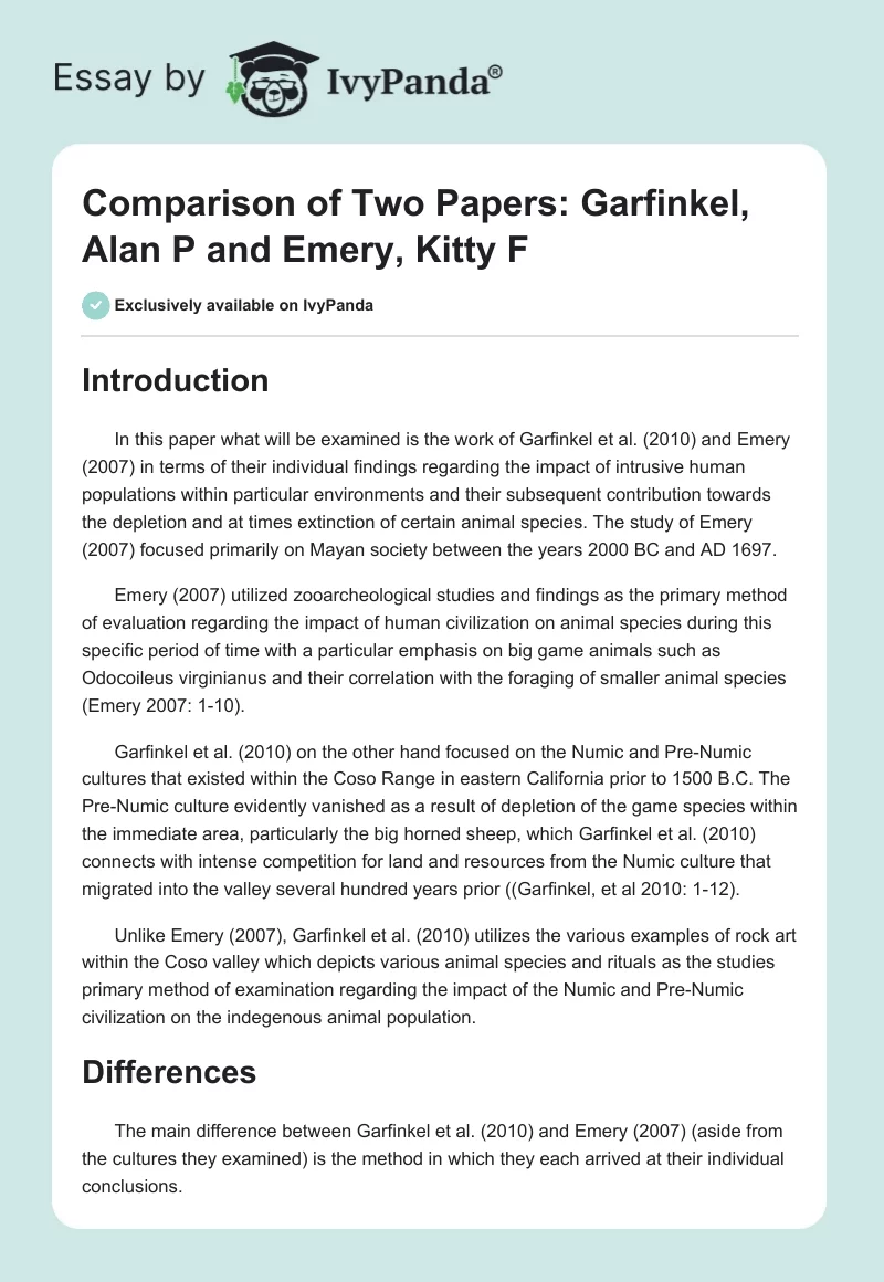 Comparison of Two Papers: Garfinkel, Alan P and Emery, Kitty F. Page 1