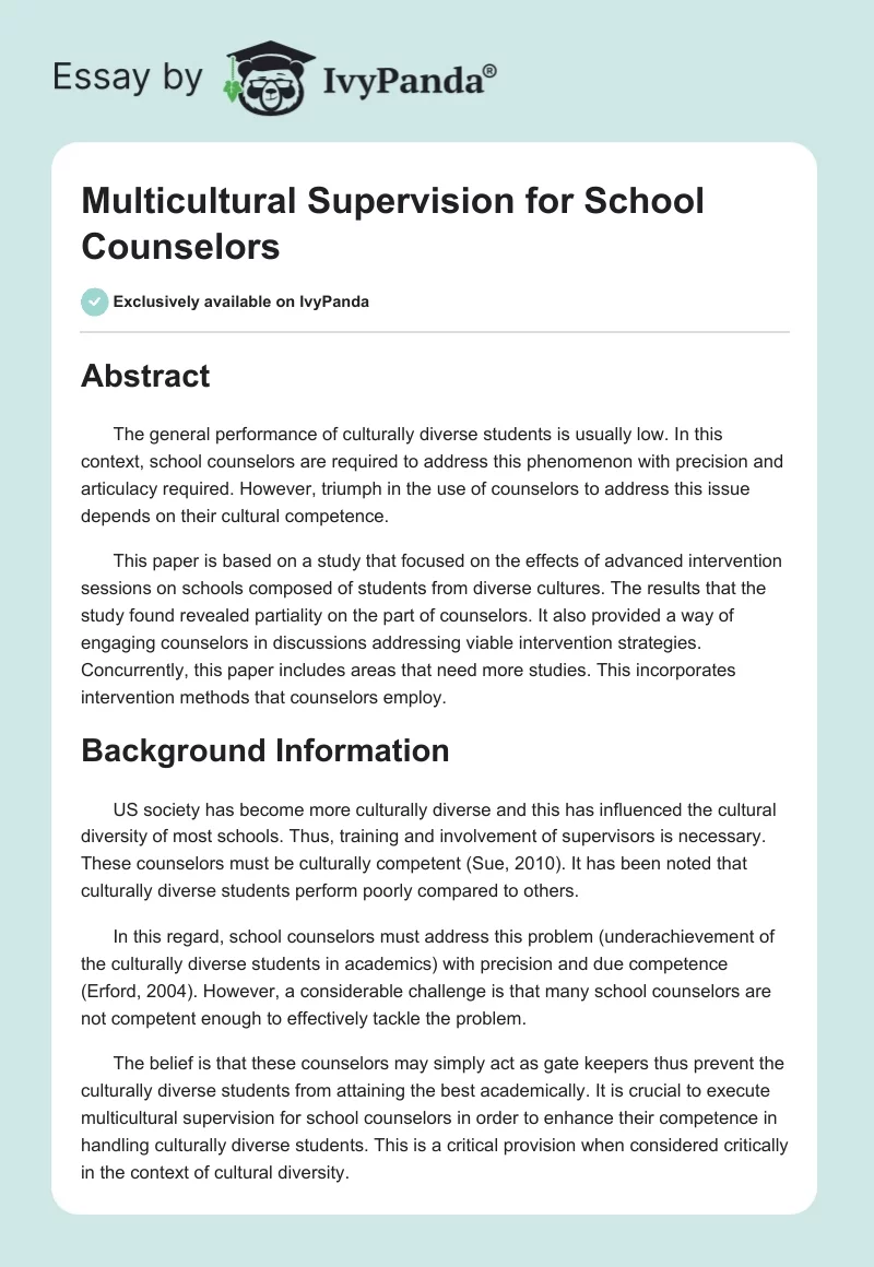 Multicultural Supervision for School Counselors. Page 1