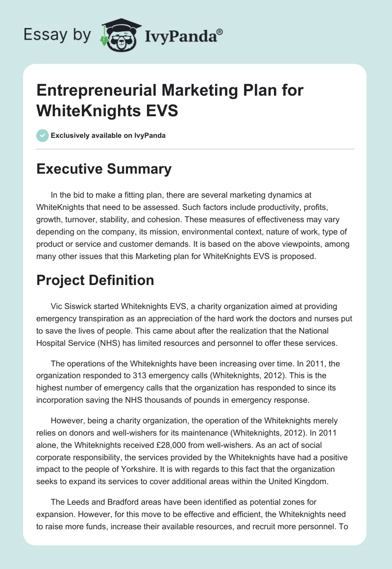 Entrepreneurial Marketing Plan for WhiteKnights EVS. Page 1