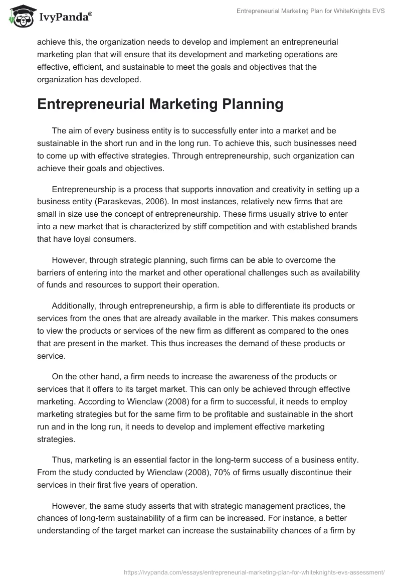 Entrepreneurial Marketing Plan for WhiteKnights EVS. Page 2
