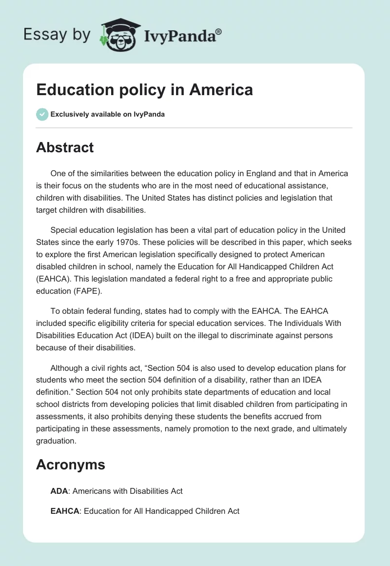 Education policy in America. Page 1
