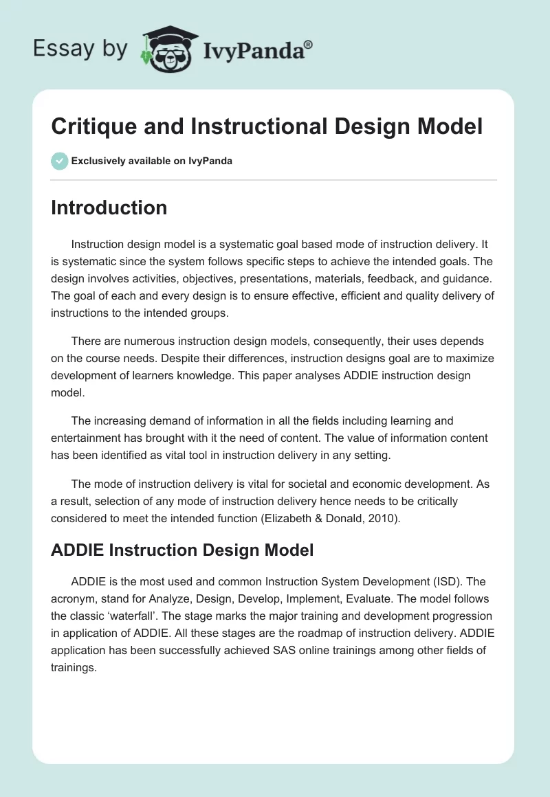 Critique and Instructional Design Model. Page 1