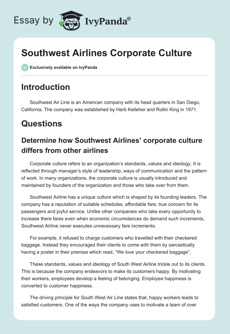 Southwest Airlines Corporate Culture. Page 1