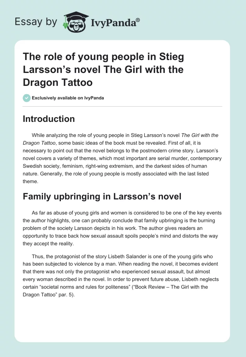 The role of young people in Stieg Larsson’s novel The Girl with the Dragon Tattoo. Page 1
