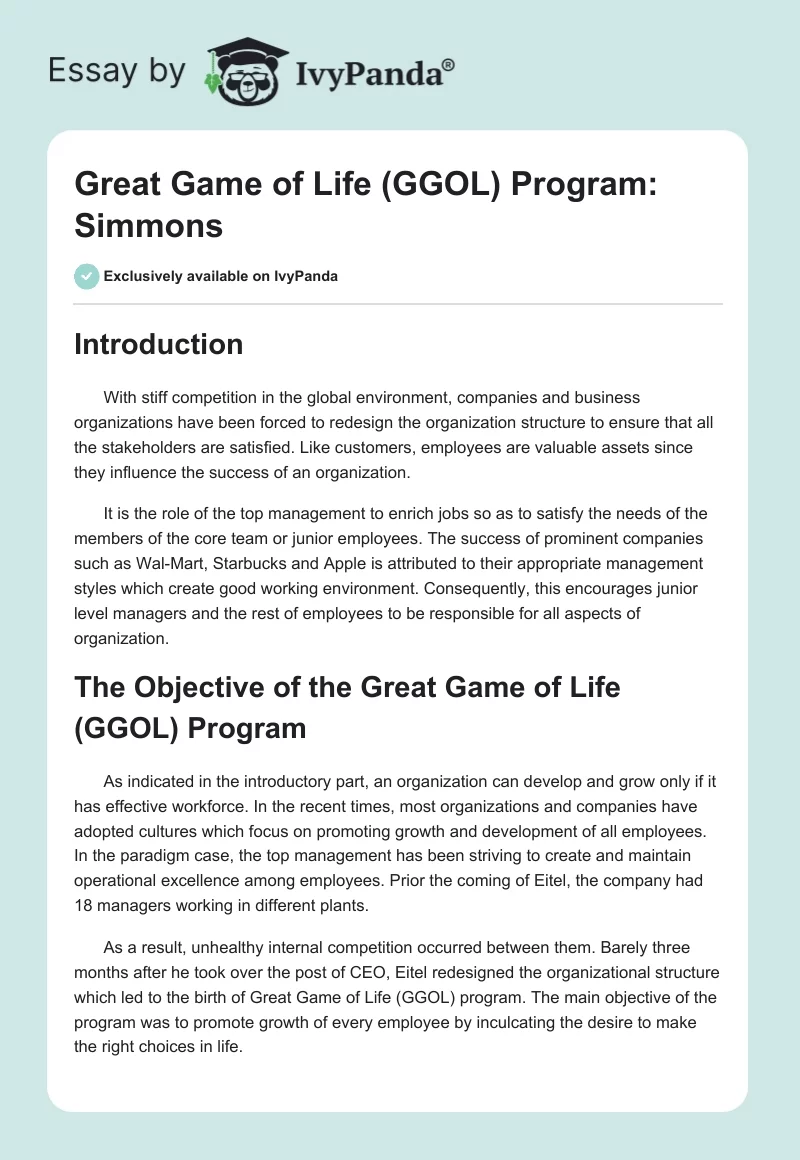 Great Game of Life (GGOL) Program: Simmons. Page 1
