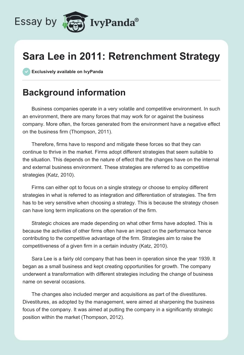 Sara Lee in 2011: Retrenchment Strategy. Page 1