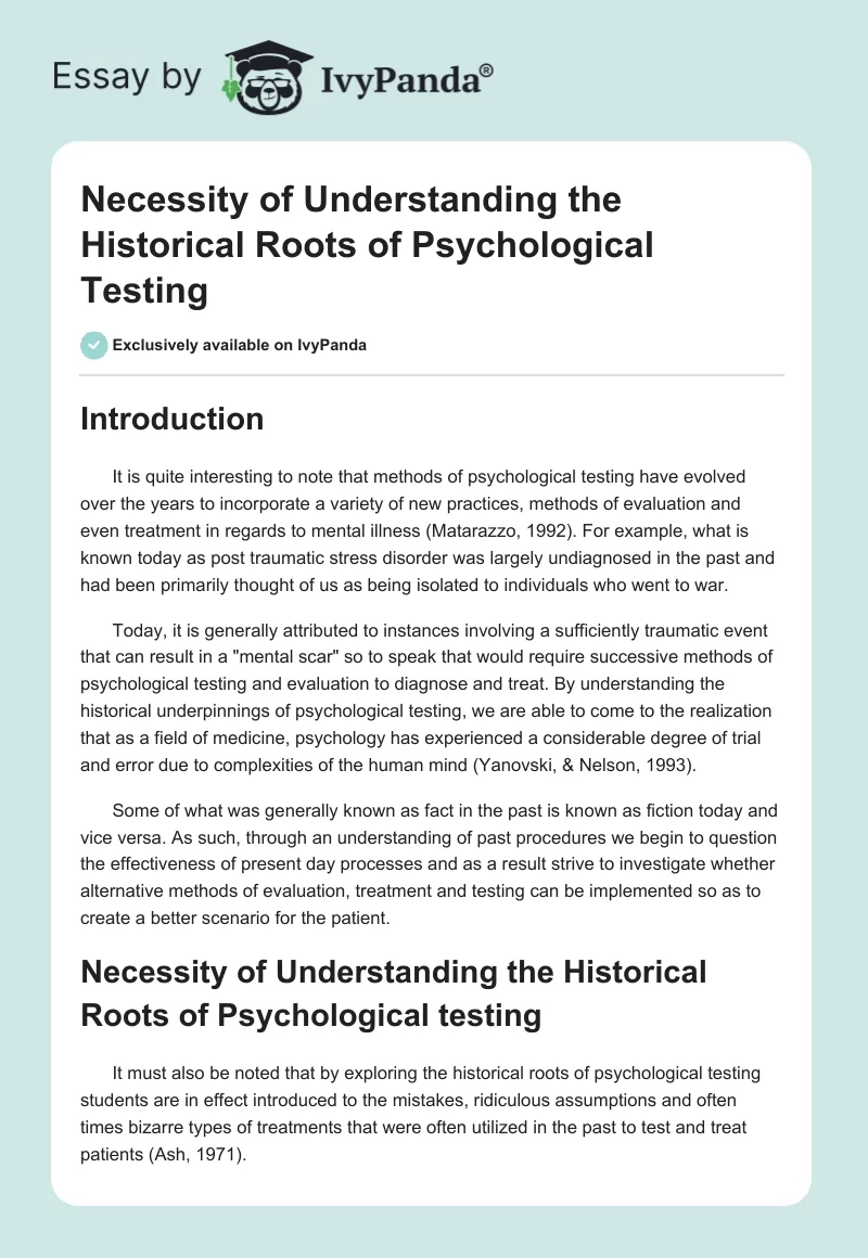 Necessity of Understanding the Historical Roots of Psychological Testing. Page 1