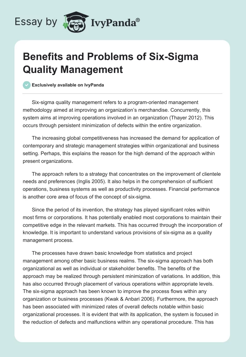 Benefits and Problems of Six-Sigma Quality Management. Page 1