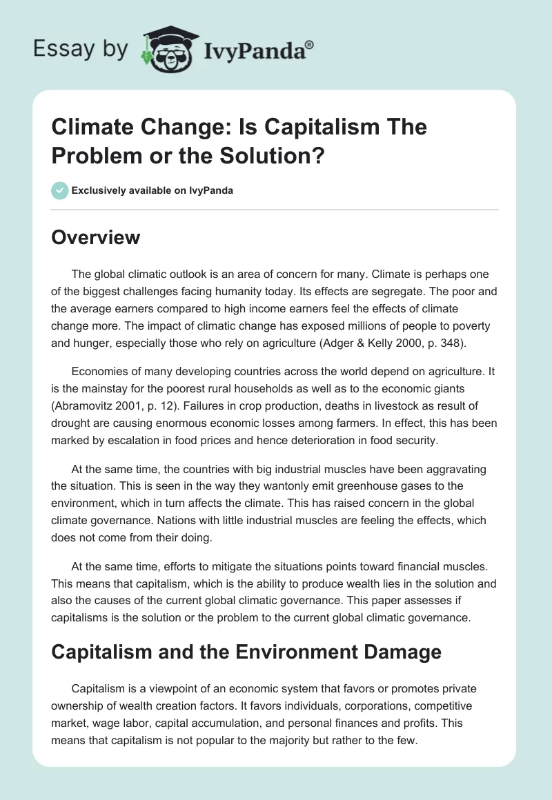 Climate Change: Is Capitalism the Problem or the Solution?. Page 1
