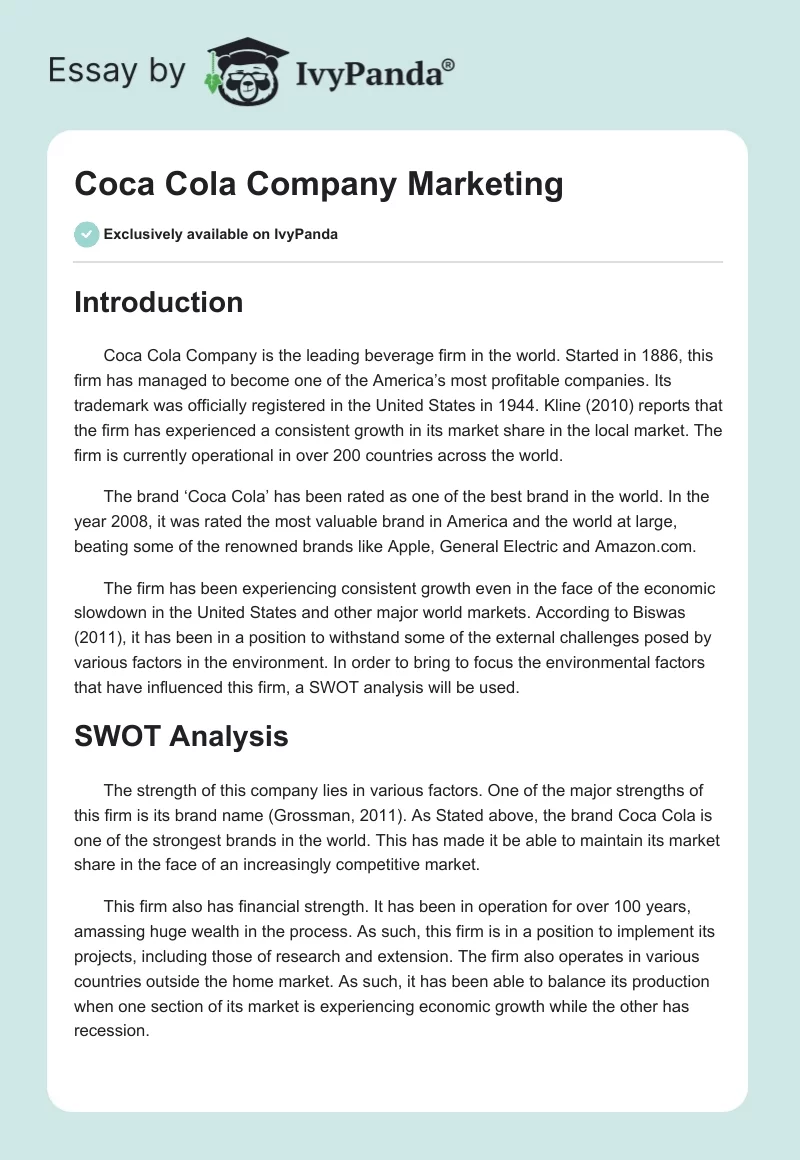 Coca Cola Company Marketing. Page 1