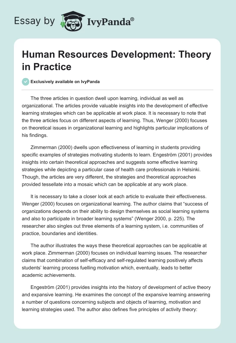Human Resources Development: Theory in Practice. Page 1