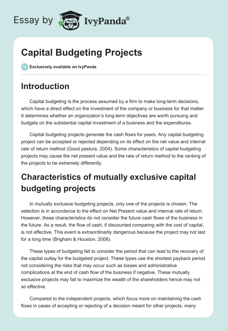 Capital Budgeting Projects. Page 1