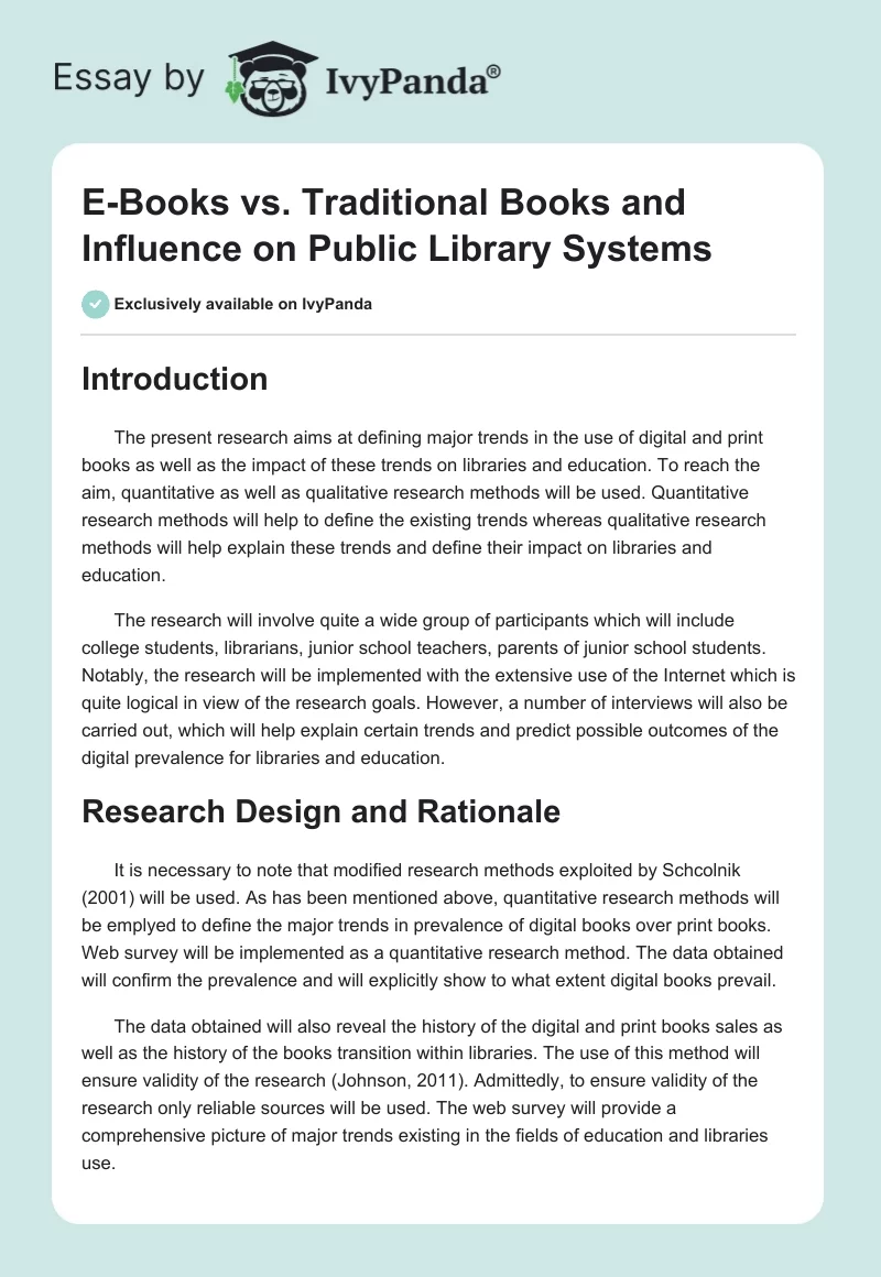 E-Books vs. Traditional Books and Influence on Public Library Systems. Page 1