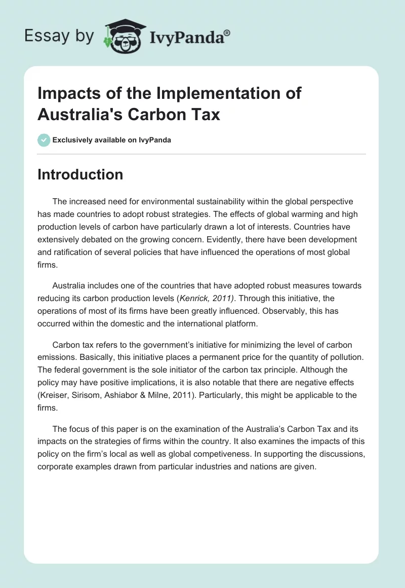 Impacts of the Implementation of Australia's "Carbon Tax". Page 1