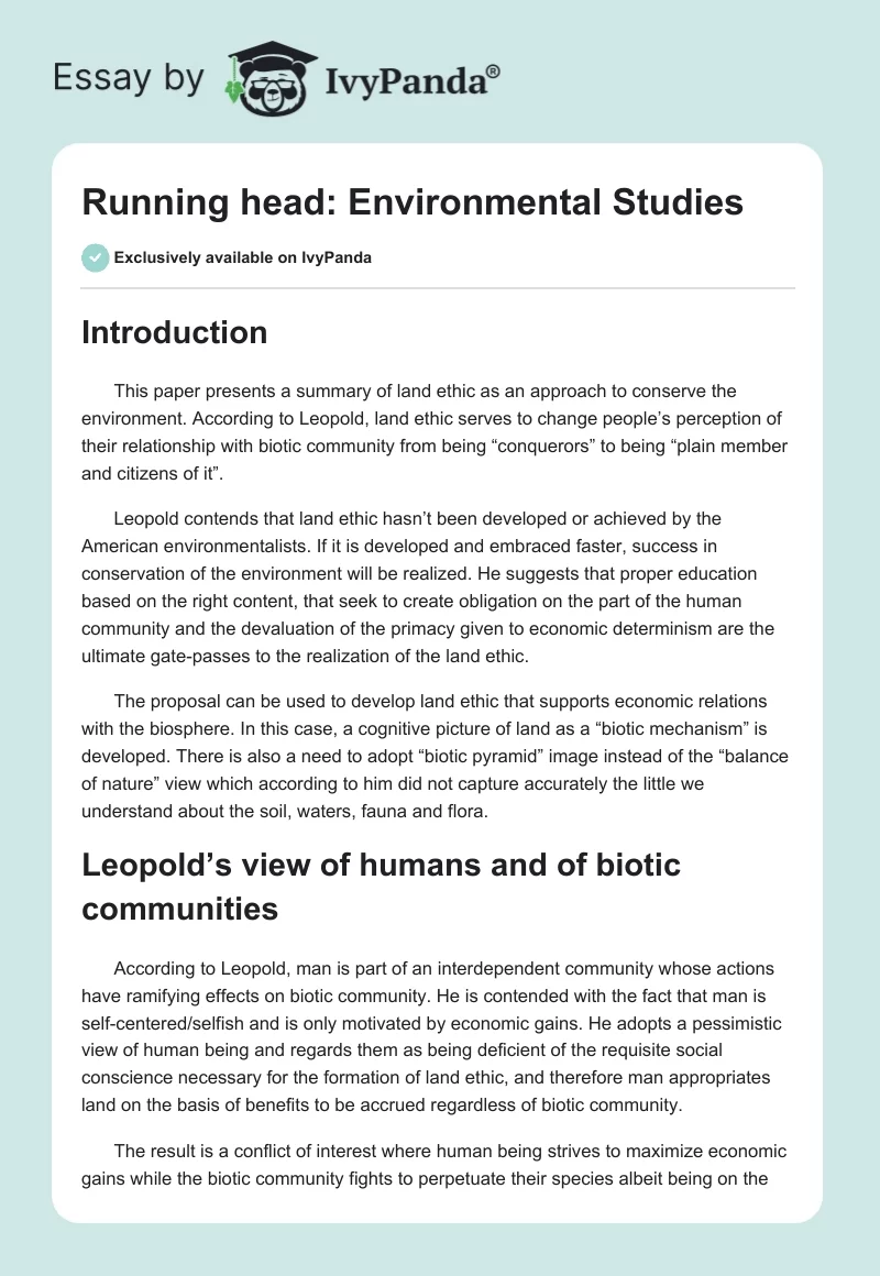Running head: Environmental Studies. Page 1