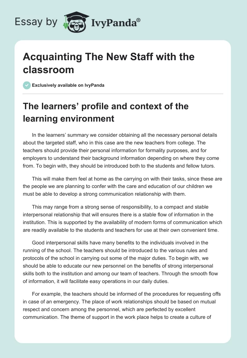 Acquainting The New Staff With the Classroom. Page 1