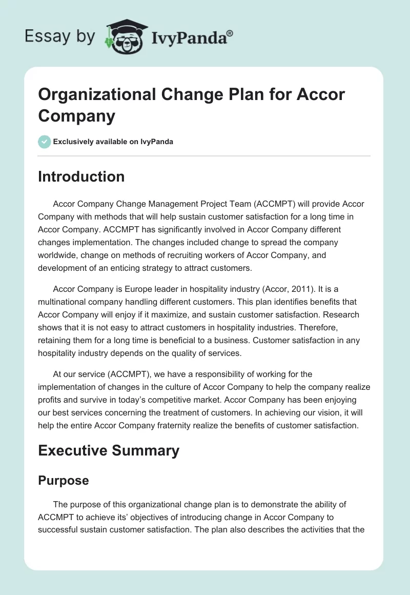 Organizational Change Plan for Accor Company. Page 1