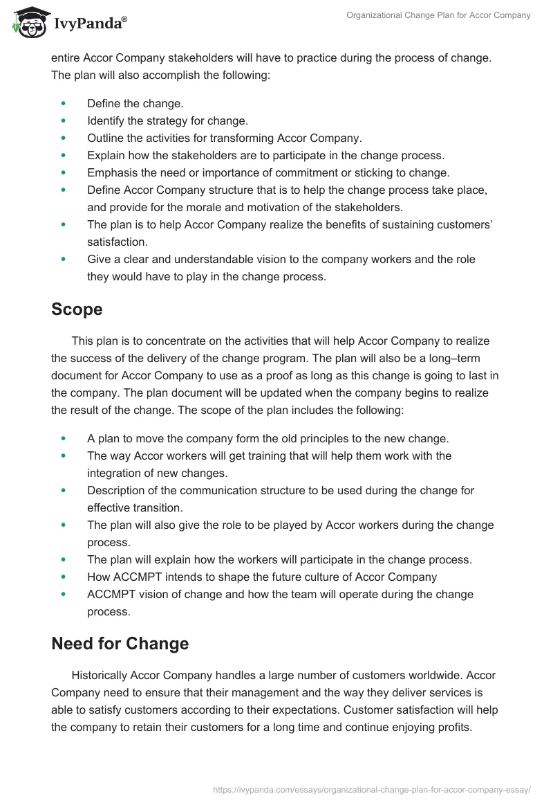 Organizational Change Plan for Accor Company. Page 2