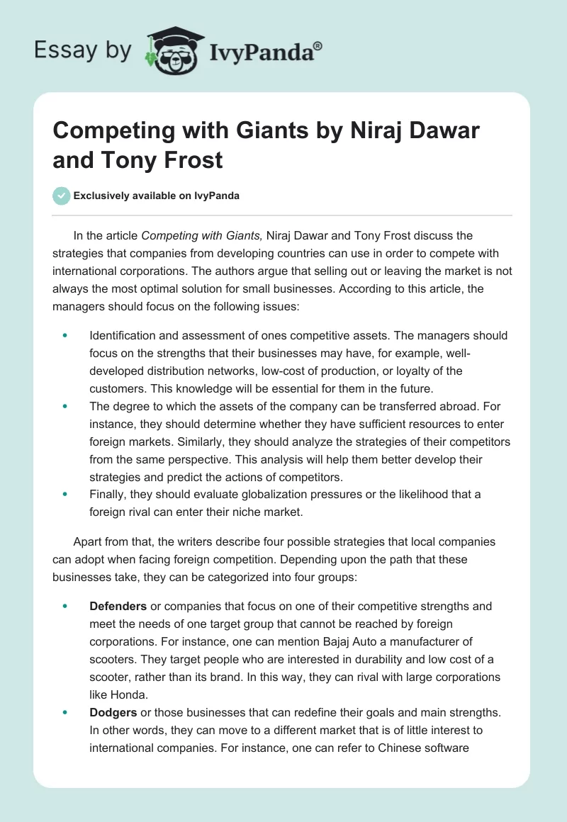 Competing with Giants by Niraj Dawar and Tony Frost. Page 1
