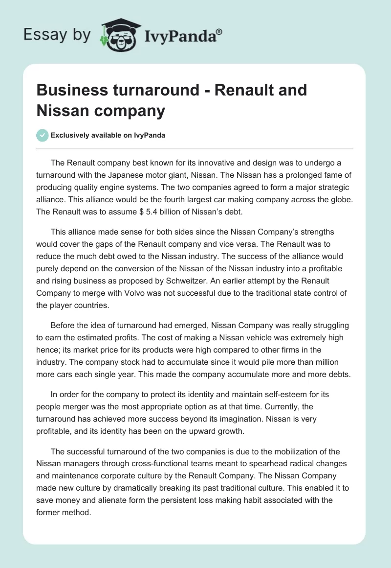 Business turnaround - Renault and Nissan company. Page 1