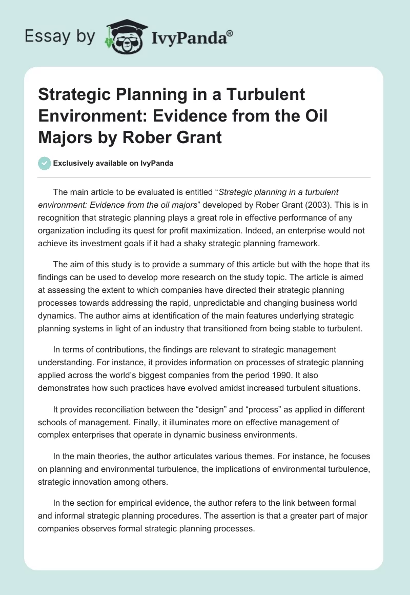Strategic Planning in a Turbulent Environment: Evidence from the Oil Majors by Rober Grant. Page 1