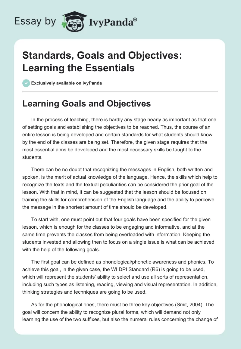 Standards, Goals and Objectives: Learning the Essentials. Page 1