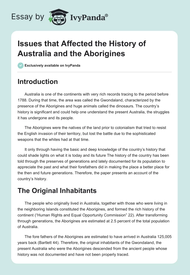 Issues that Affected the History of Australia and the Aborigines. Page 1