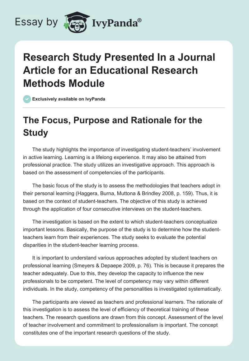 Research Study Presented In a Journal Article for an Educational Research Methods Module. Page 1