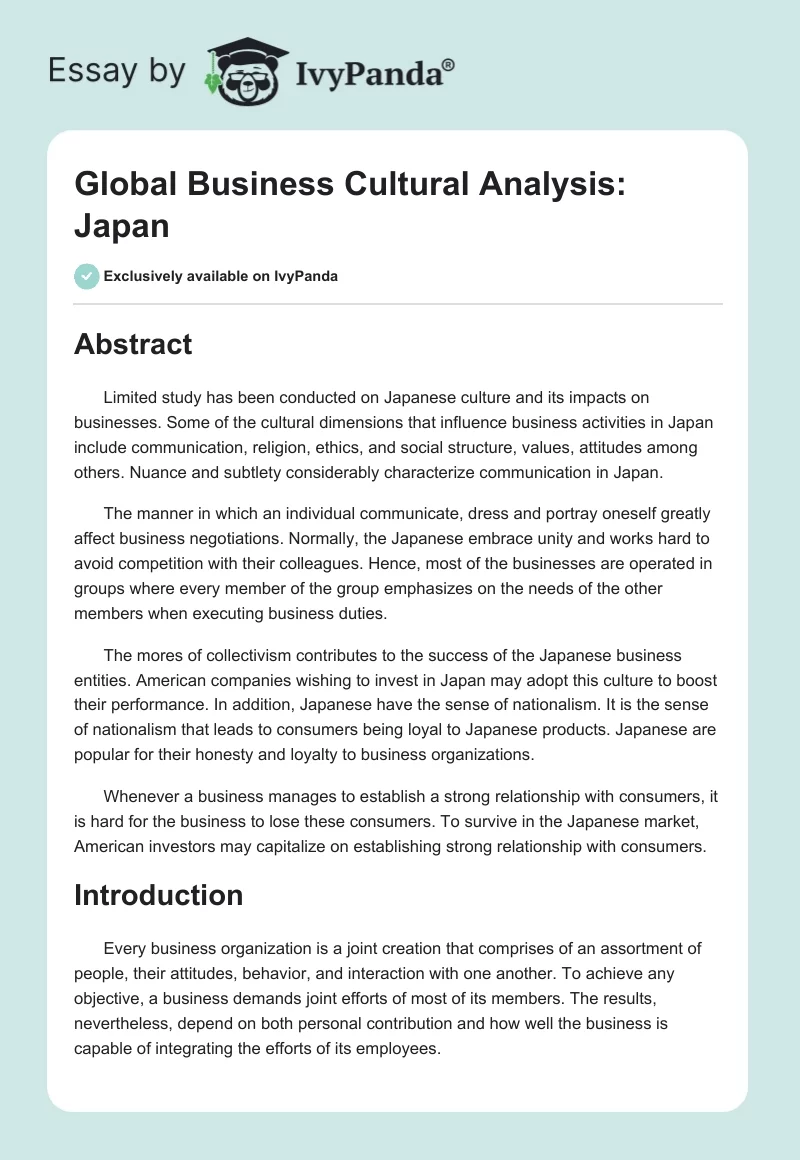 Global Business Cultural Analysis: Japan. Page 1