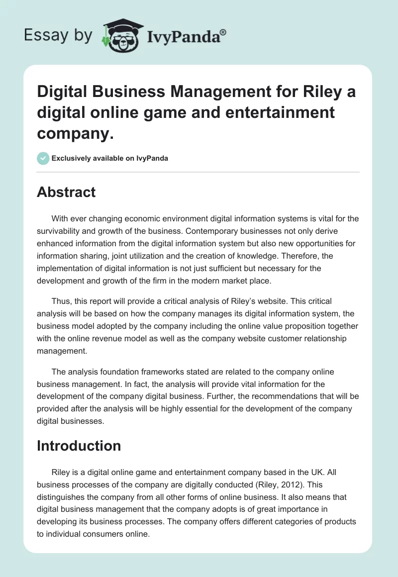 Digital Business Management for Riley a digital online game and entertainment company.. Page 1