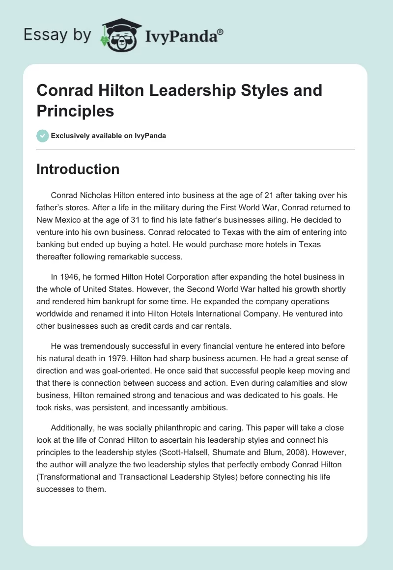 Conrad Hilton Leadership Styles and Principles. Page 1