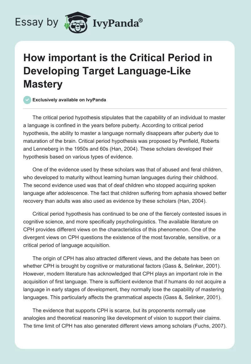 How important is the Critical Period in Developing Target Language-Like Mastery. Page 1
