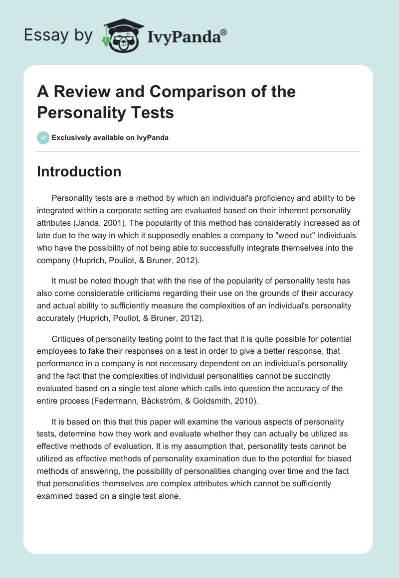 A Review and Comparison of the Personality Tests. Page 1