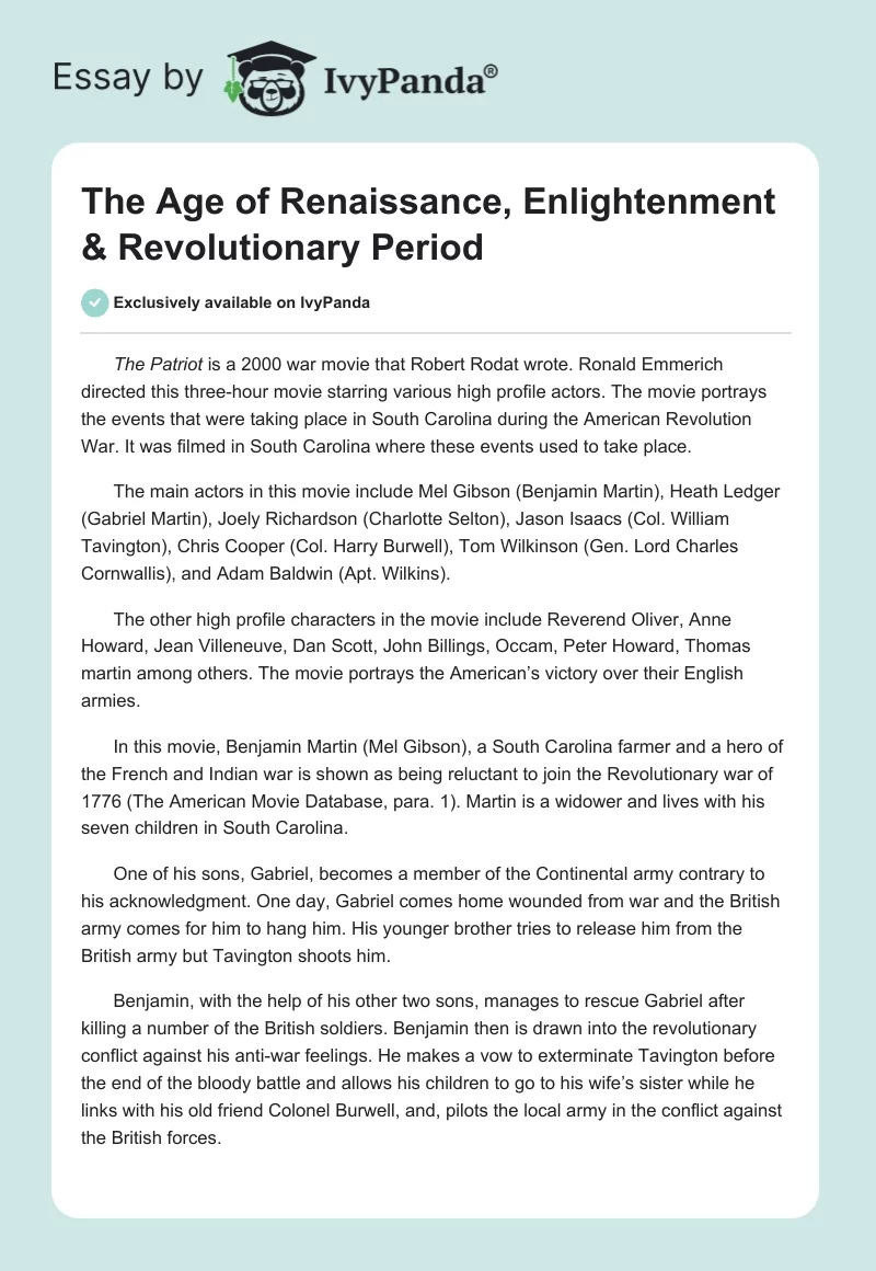 The Age of Renaissance, Enlightenment & Revolutionary Period. Page 1
