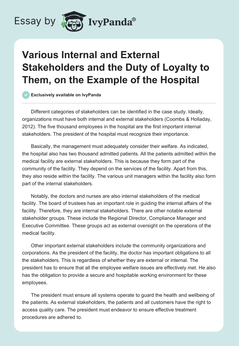 Various Internal and External Stakeholders and the Duty of Loyalty to Them, on the Example of the Hospital. Page 1