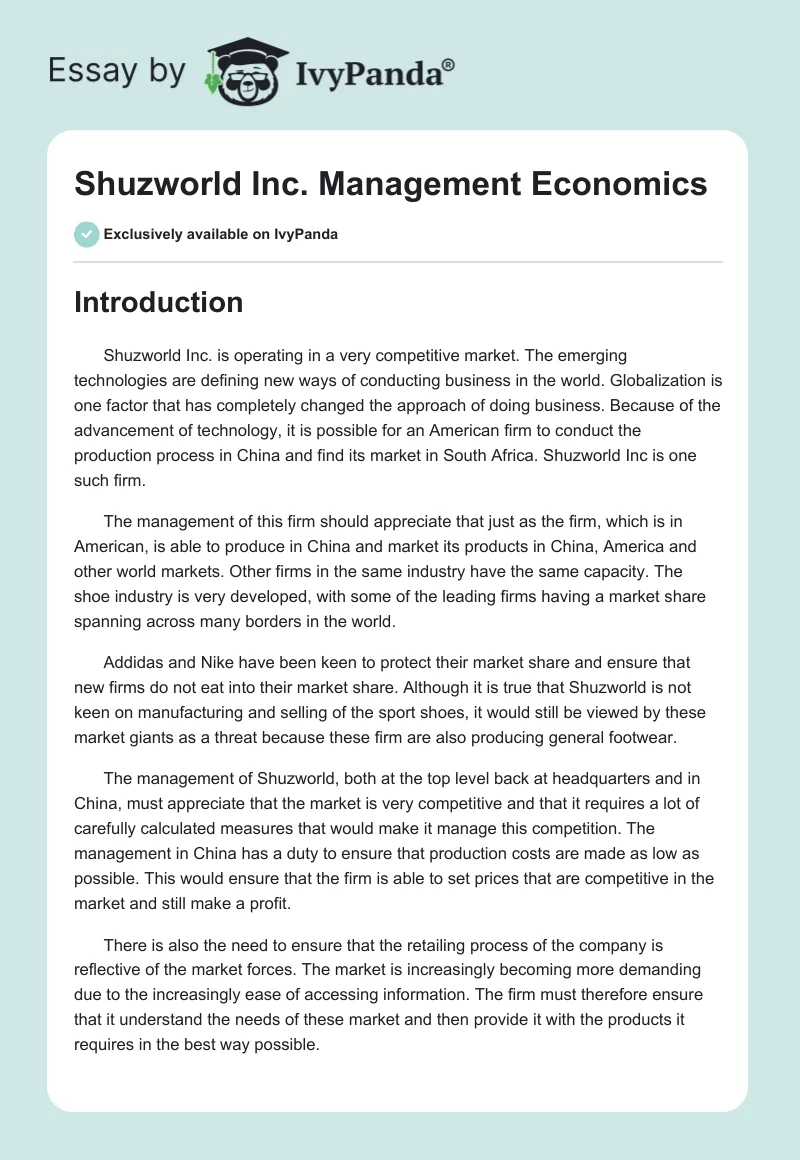 Shuzworld Inc. Management Economics. Page 1