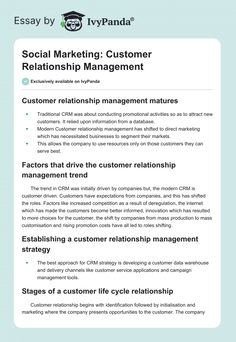 Social Marketing: Customer Relationship Management. Page 1