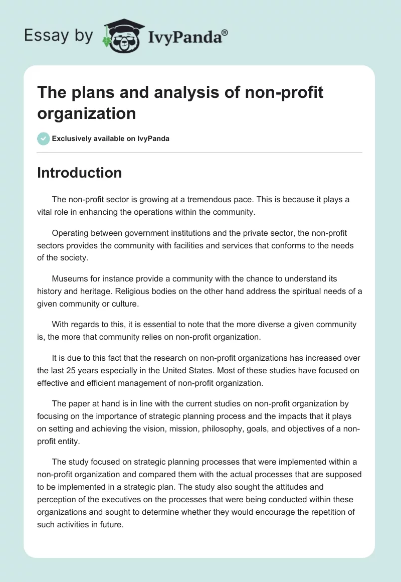 The plans and analysis of non-profit organization. Page 1