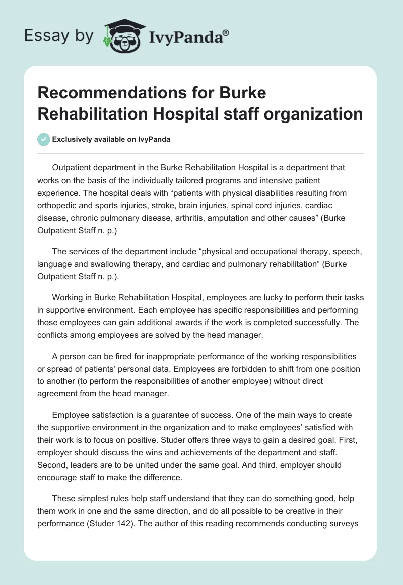 Recommendations for Burke Rehabilitation Hospital Staff Organization. Page 1