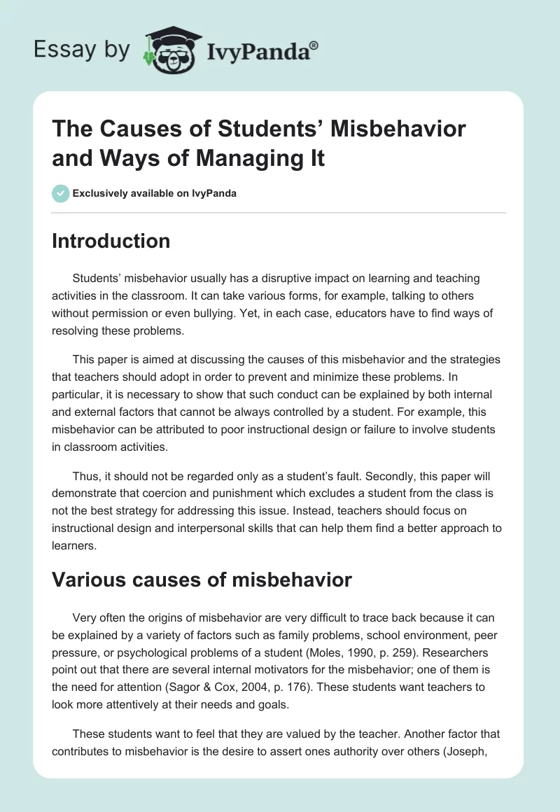 The Causes of Students’ Misbehavior and Ways of Managing It. Page 1