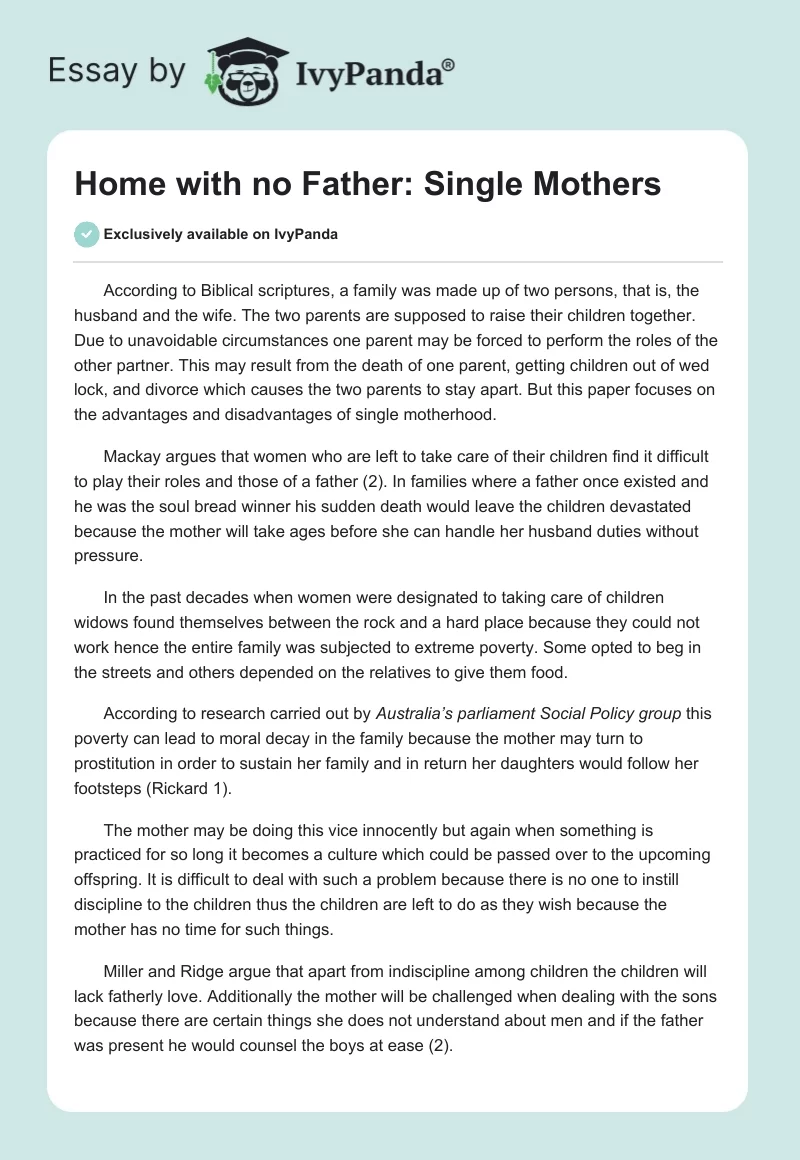 Home With No Father: Single Mothers. Page 1