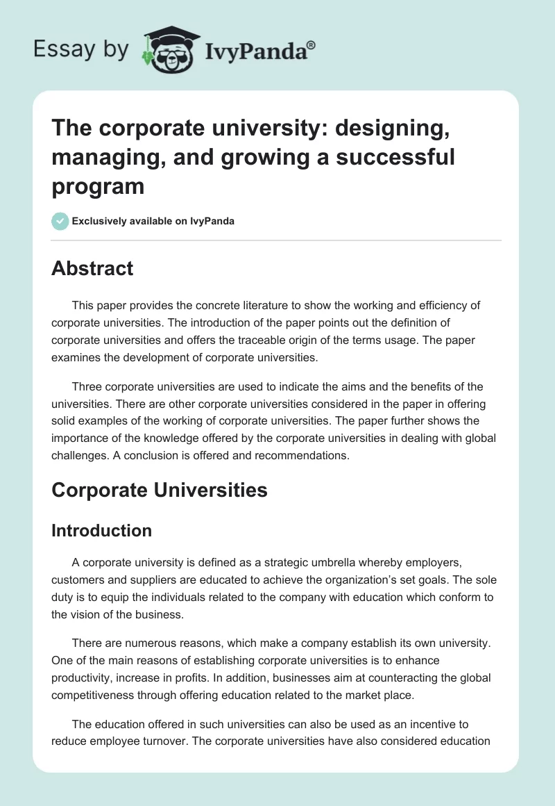The corporate university: designing, managing, and growing a successful program. Page 1
