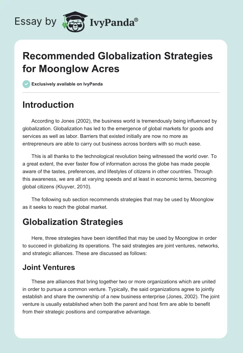Recommended Globalization Strategies for Moonglow Acres. Page 1