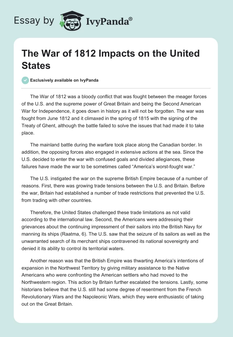 The War of 1812 Impacts on the United States. Page 1