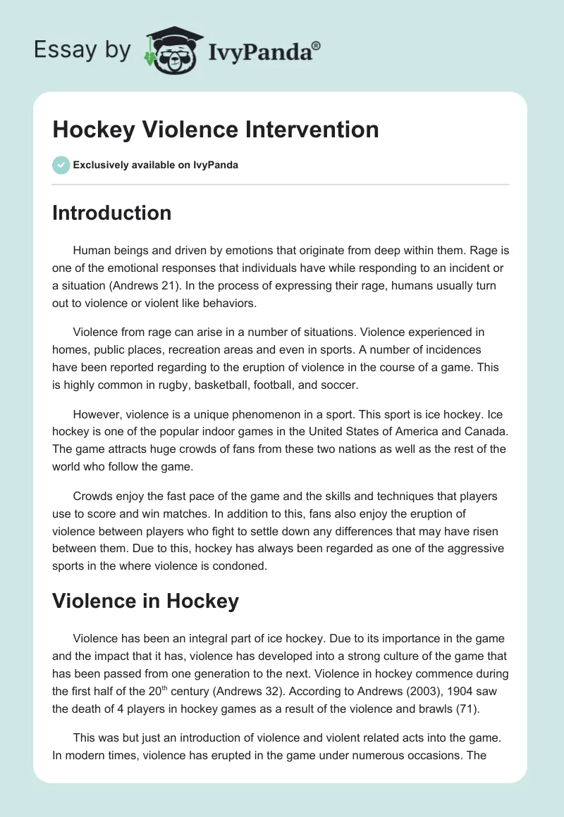 Hockey Violence Intervention. Page 1